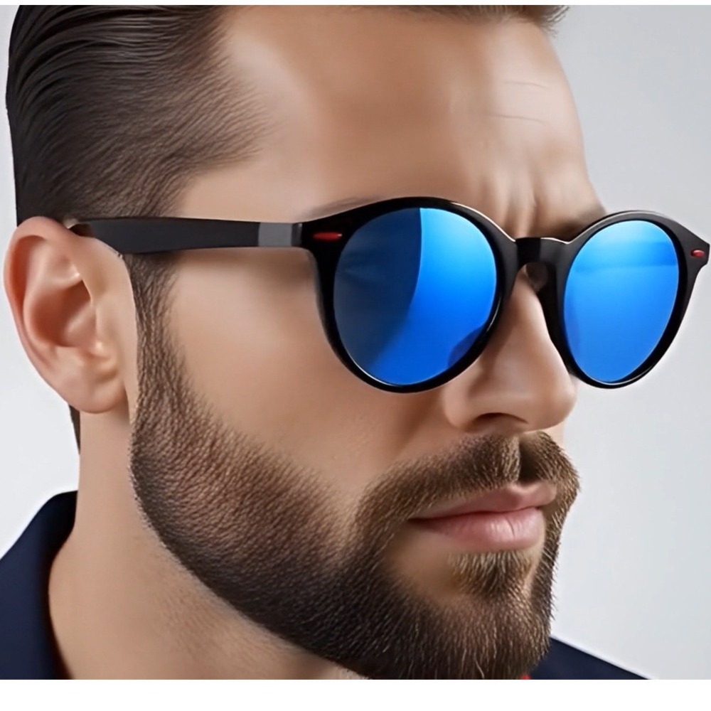 Round Sunglasses Men Polarized Driving Fishing UV Protection Black Blue Lentes